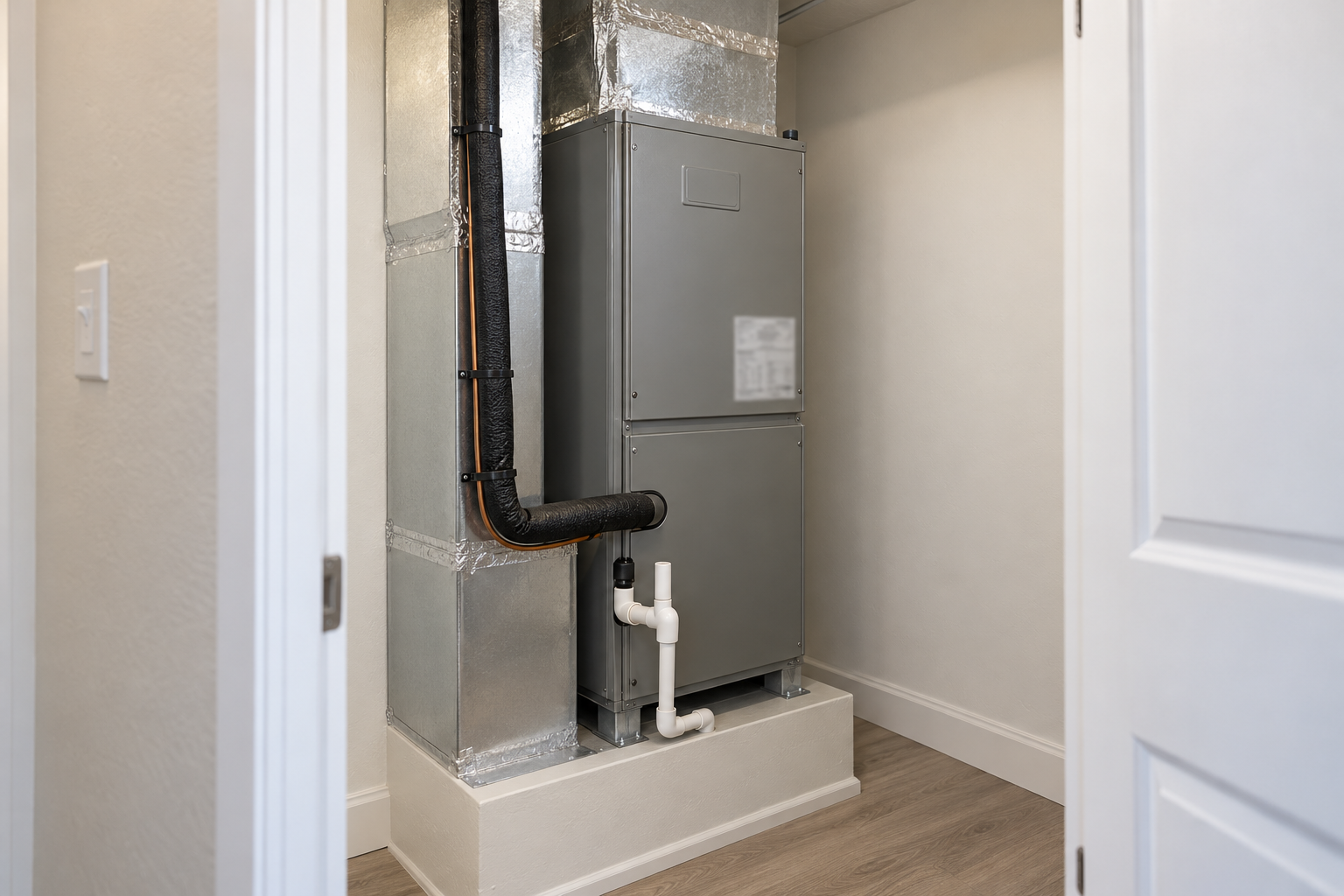 New air handler on a platform in a utility closet with a freshly taped plenum