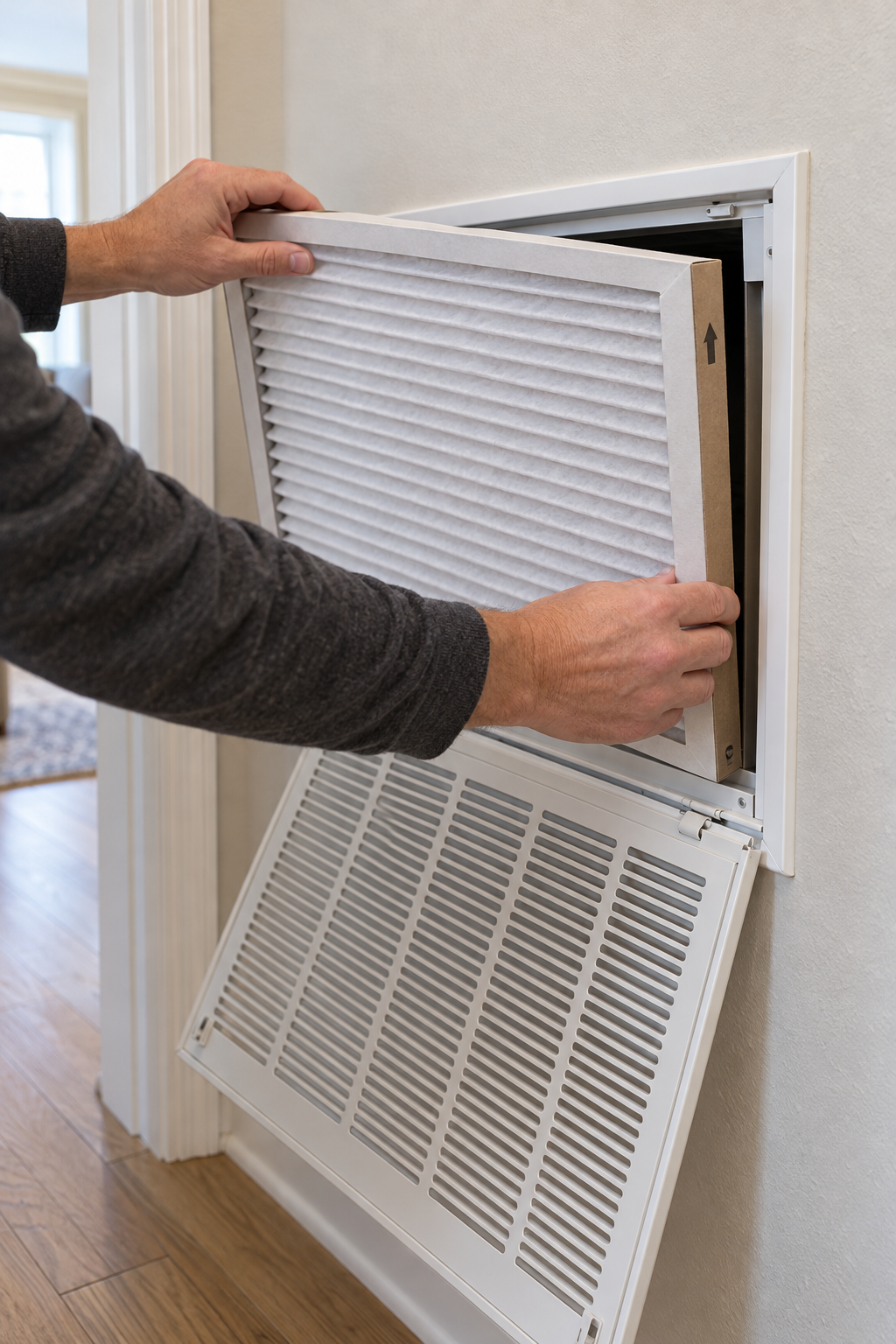 New pleated air filter being slid into a hallway return-air grille