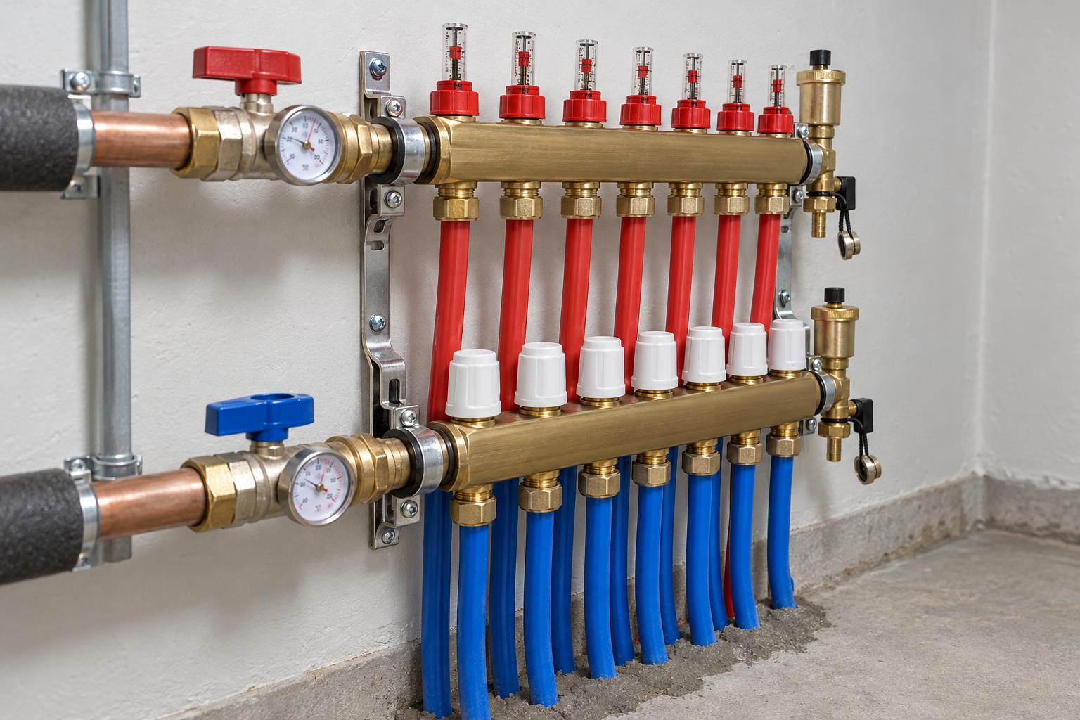 Radiant floor heating manifold with PEX tubing loops running into the floor