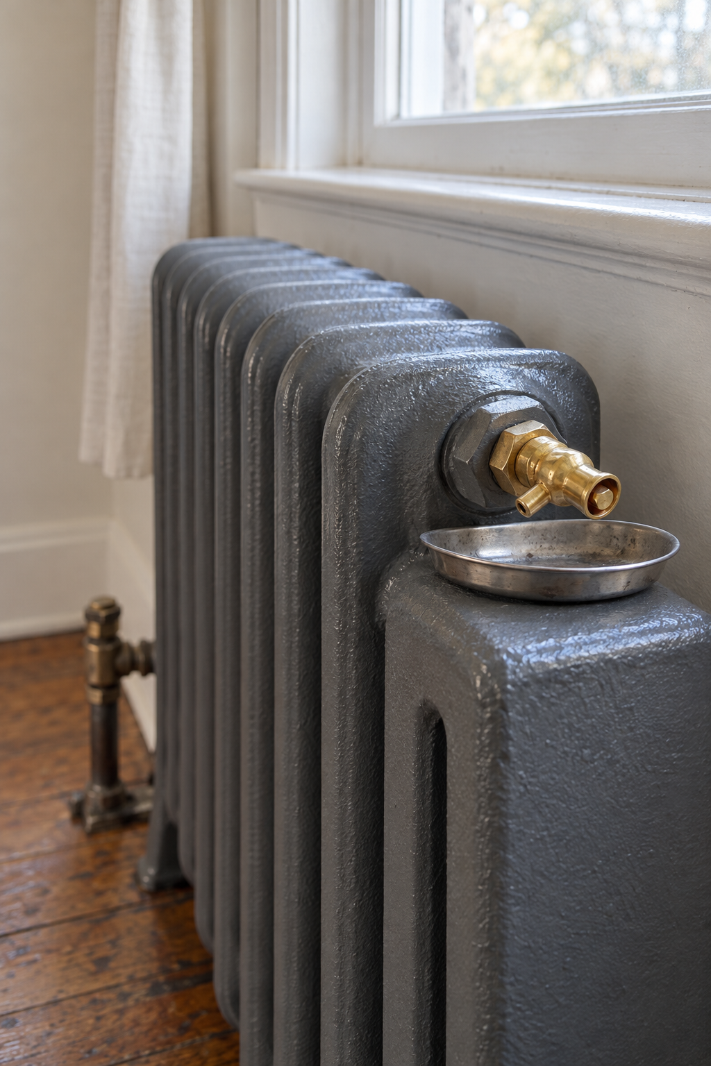 cast-iron radiator under a window with its bleed valve and a small drip tray