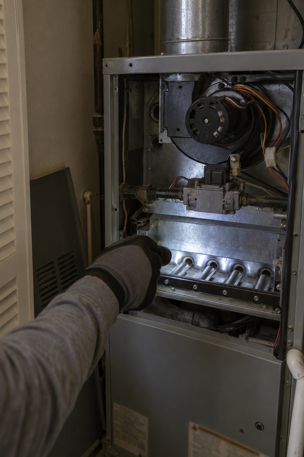 flashlight lighting the burners and heat exchanger inside an open gas furnace