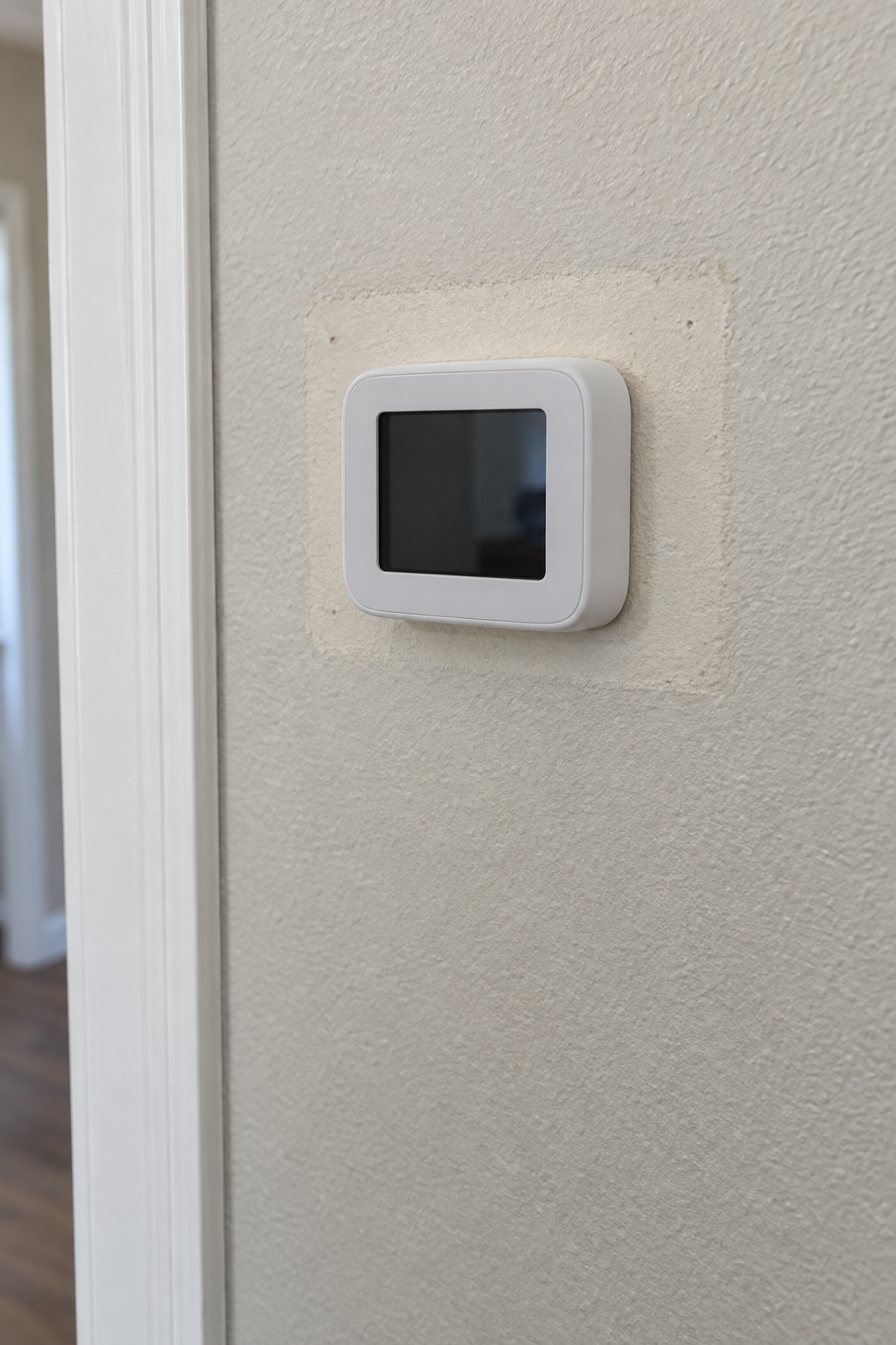 New wall thermostat on a hallway wall with the paint outline of an older thermostat around it