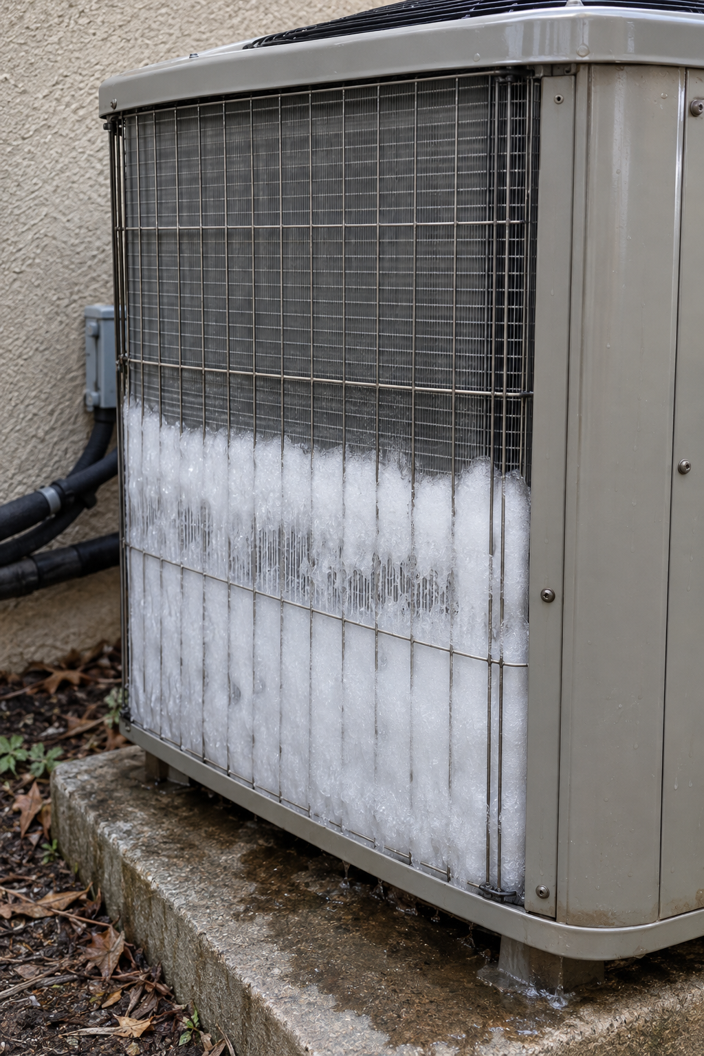 heat pump outdoor coil half covered in ice beside a stucco wall