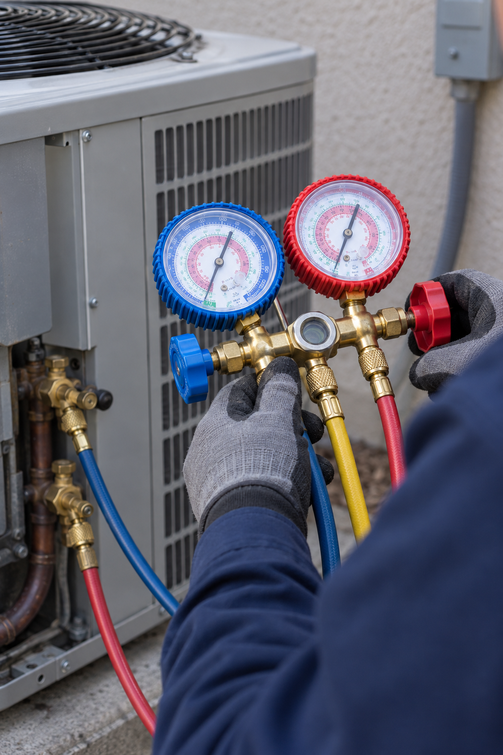 manifold gauges on an air conditioner condenser