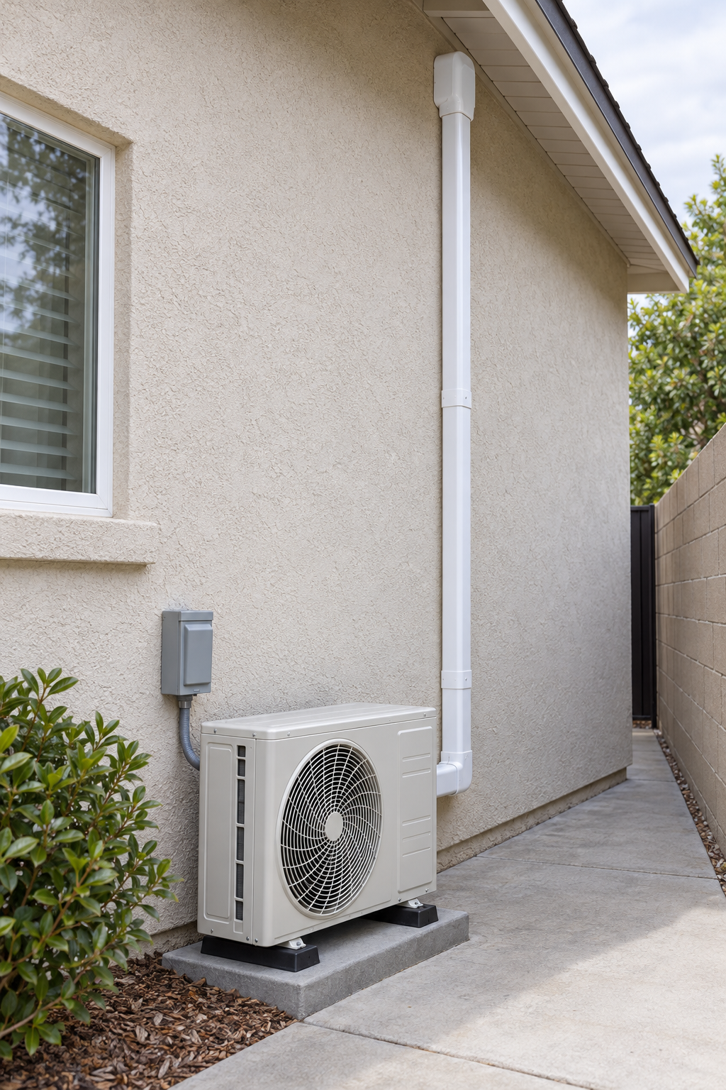 Line-set cover running down a stucco wall to a small outdoor mini split condenser